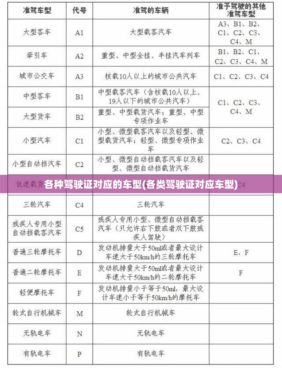 各种驾驶证对应的车型(各类驾驶证对应车型) 各种驾驶证对应的车型(各类驾驶证对应车型)